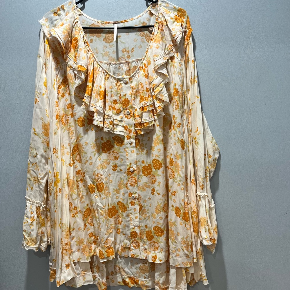 Women's Free People Loretta Tunic Top Tea Combo Size Large Boho Floral Print - Picture 1 of 7